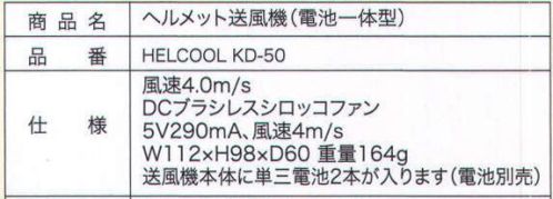 ワールドマスト　ヘルメット KD-50J ヘルメット送風機 ヘルクール 送風機+電池の一体型が登場！ ヘルメット内の蒸れ、発汗を抑えます。不要時には簡単に取り外せます。 単三電池2本で約8時間運転（充電式の電池のご使用をお薦めしています） 下から吸い込み、黒い吹き出しノズルから送風します。 ヘルメット後方に、面ファスナーを貼り付けます。吹き出しノズルからヘルメット全体に風を送ります。 ※電池は別売りです。 ※この商品はご注文後のキャンセル、返品及び交換は出来ませんのでご注意下さい。※なお、この商品のお支払方法は、先振込（代金引換以外）にて承り、ご入金確認後の手配となります。 サイズ／スペック